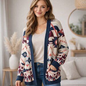 Divided size XS Southwestern Tribal Bohemian Open front Cardigan, 100% Cotton